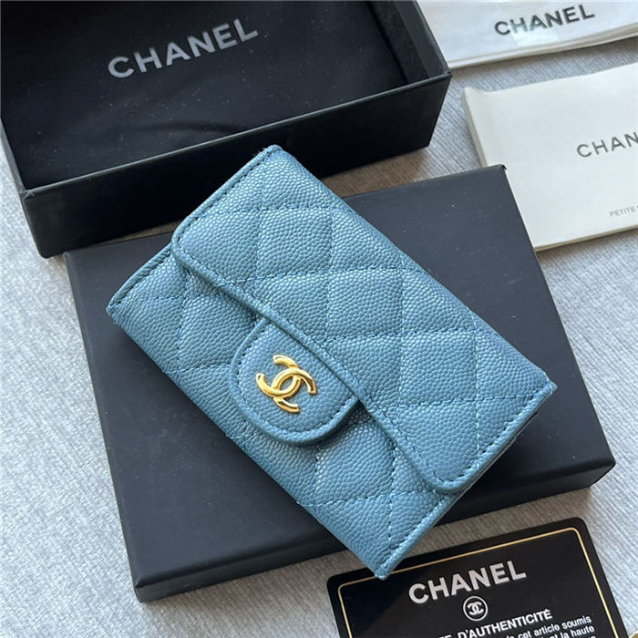 CLASSIC CARD HOLDER AP0214 Grained Calfskin Blue Gold-Tone Metal High