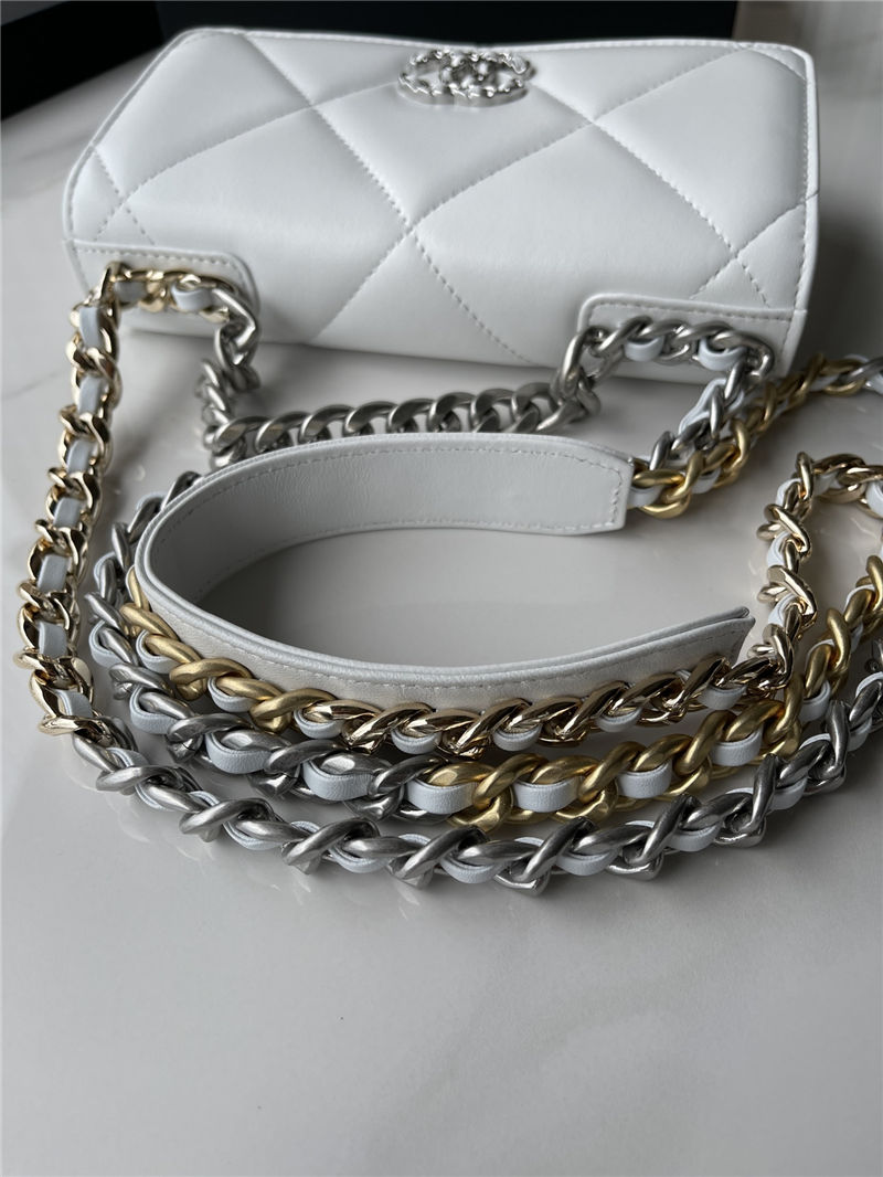 Chanel 19 WALLET ON CHAIN Shiny Lambskin, Gold/Silver-Tone & Ruthenium-Finish Metal White A