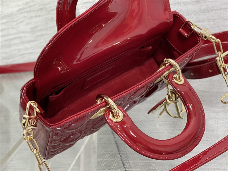 LADY D-JOY BAG SMALL Patent Cannage Calfskin Red High