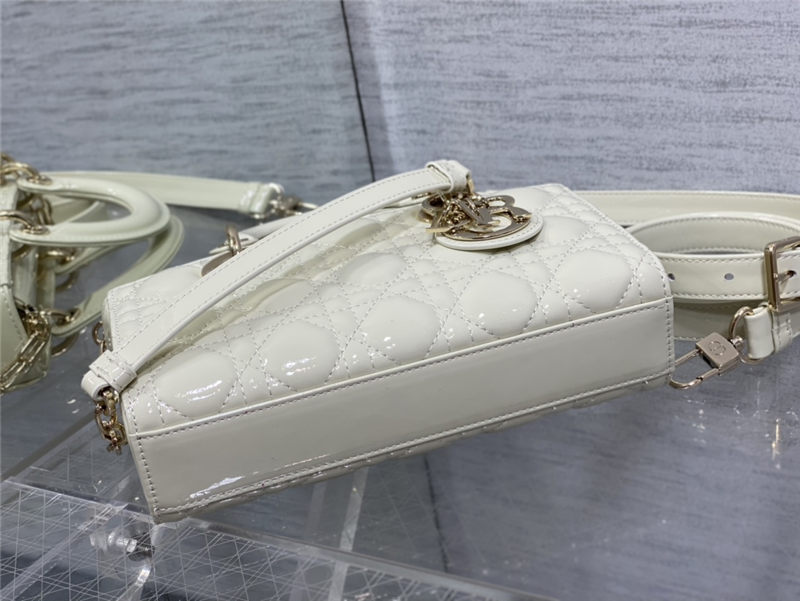 LADY D-JOY BAG SMALL Patent Cannage Calfskin White High