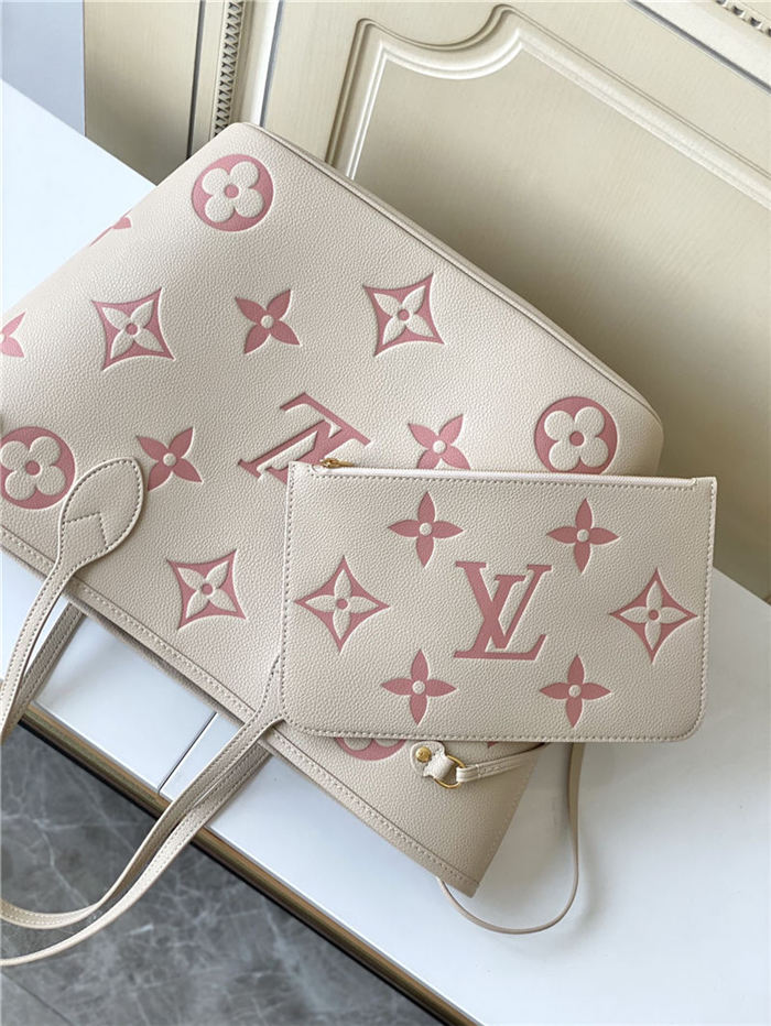 Louis Vuitton NEVERFULL MM Monogram Empreinte Crème Beige / Rose Trianon Pink M21579 High