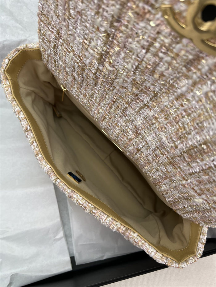 Large Chanel 19 Flap Bag Tweed Gold-Tone Beige High