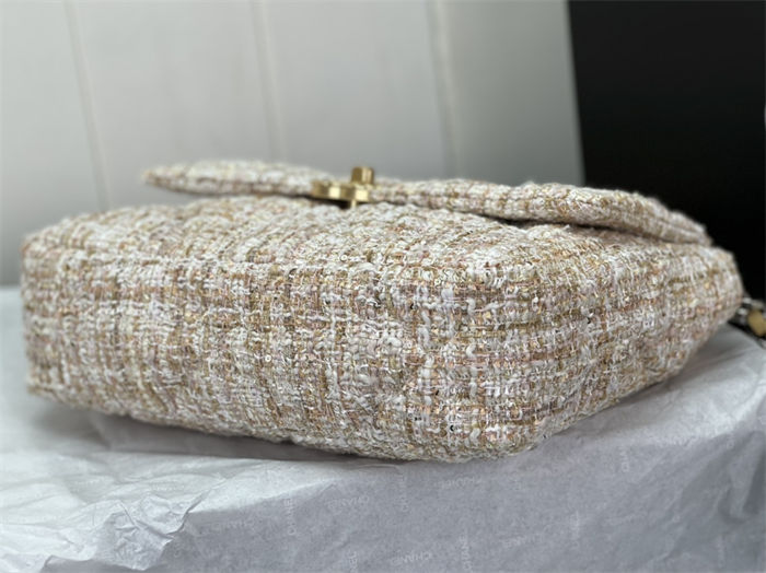 Large Chanel 19 Flap Bag Tweed Gold-Tone Beige High