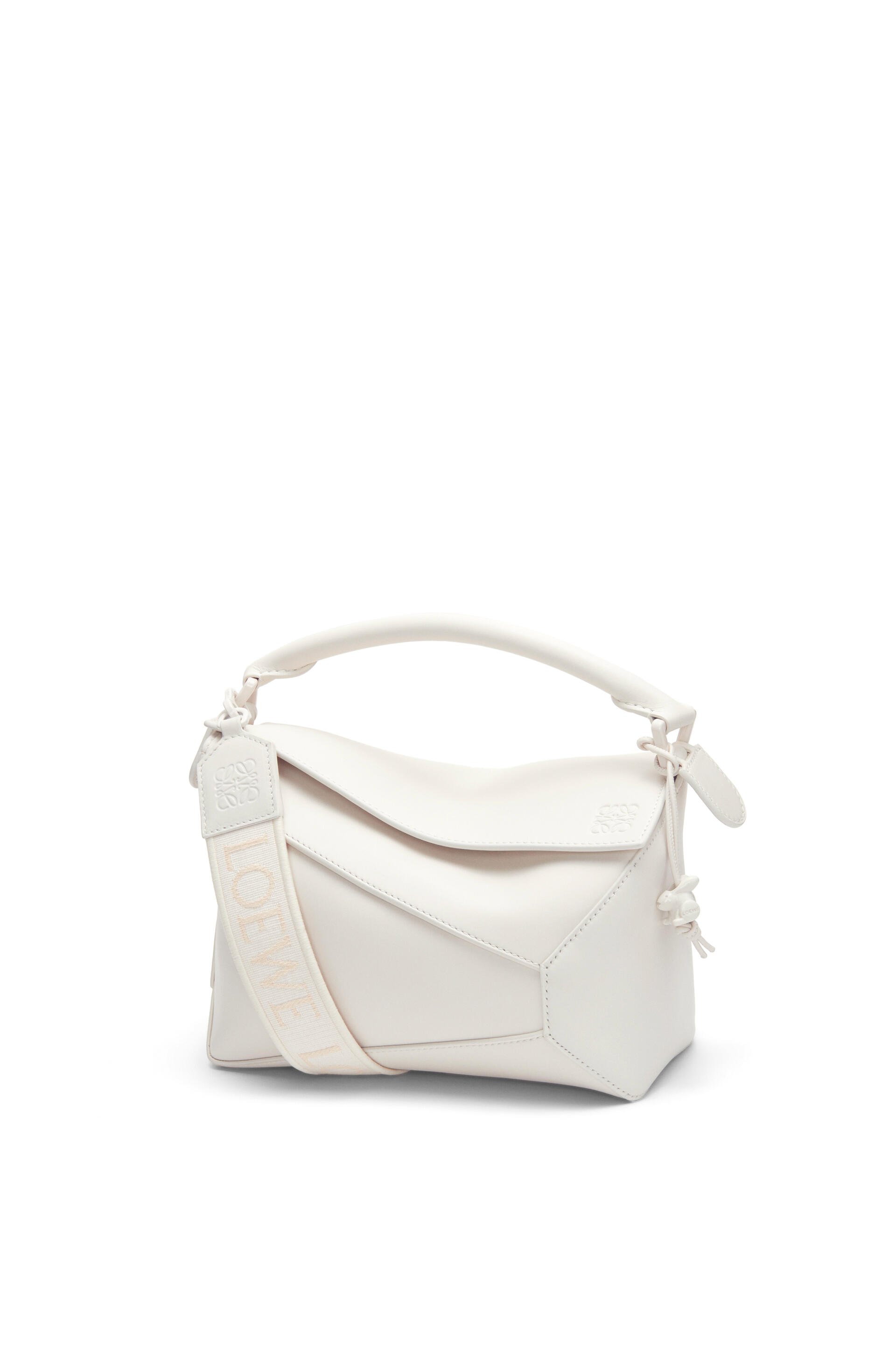 Small Puzzle bag in satin calfskin with jacquard strap White Glaze High