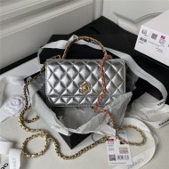 Chanel FLAP BAG WITH TOP HANDLE AP3240 Calfskin & Gold-Tone Metal Silver A