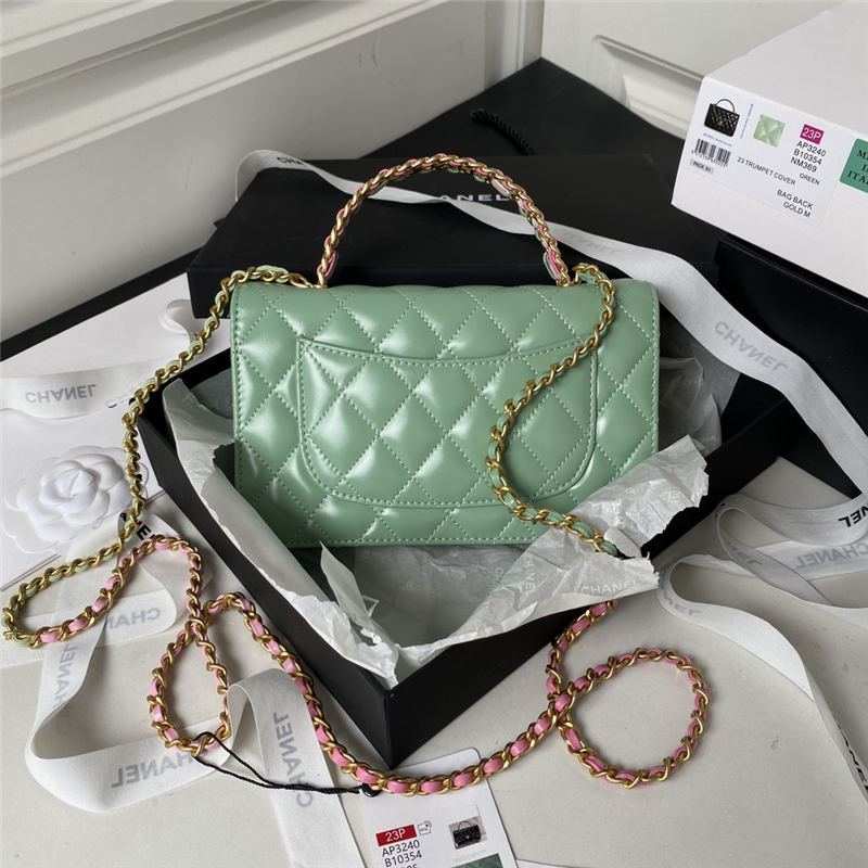 Chanel FLAP BAG WITH TOP HANDLE AP3240 Calfskin & Gold-Tone Metal Green A