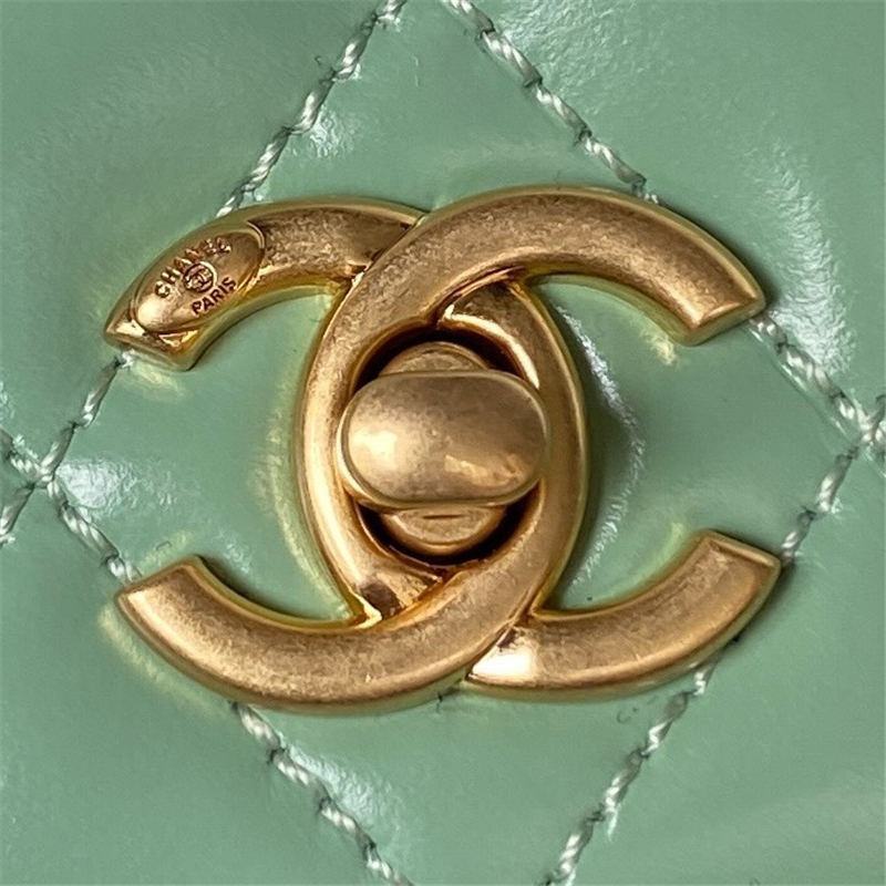 Chanel FLAP BAG WITH TOP HANDLE AP3240 Calfskin & Gold-Tone Metal Green A