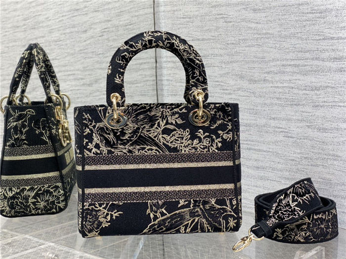 MEDIUM LADY D-LITE BAG Dior Jardin d'Hiver Embroidered Cotton with Velvet and Metallic Thread Black High