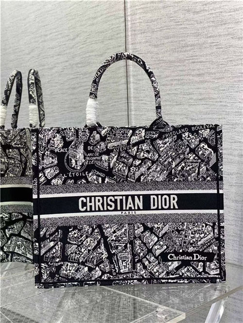 LARGE Dior BOOK TOTE Plan de Paris Embroidery Black/White High