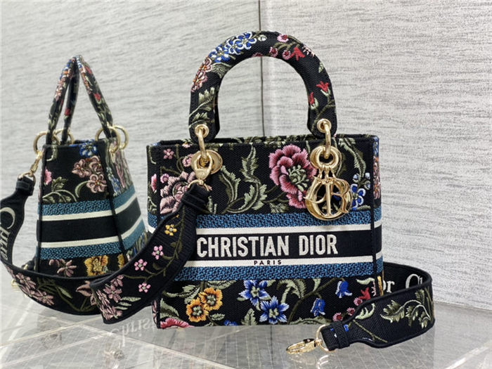 MEDIUM LADY D-LITE BAG Dior Petites Fleurs Embroidery Black High