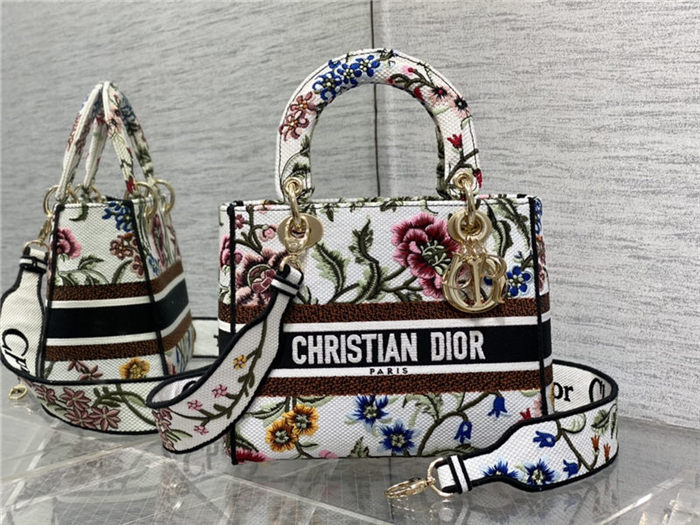 MEDIUM LADY D-LITE BAG Dior Petites Fleurs Embroidery White High