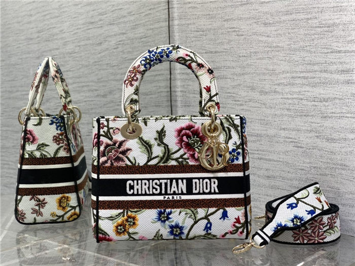 MEDIUM LADY D-LITE BAG Dior Petites Fleurs Embroidery White High