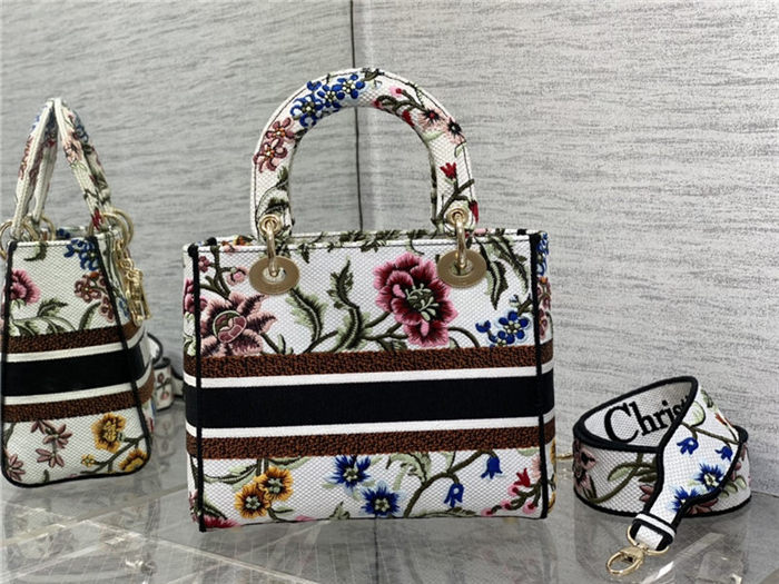 MEDIUM LADY D-LITE BAG Dior Petites Fleurs Embroidery White High