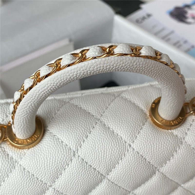 MINI FLAP BAG WITH TOP HANDLE Grained Calfskin & Gold Metal AS2215 White A