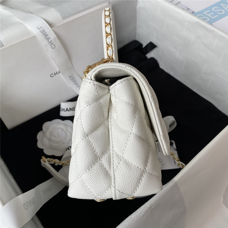 MINI FLAP BAG WITH TOP HANDLE Grained Calfskin & Gold Metal AS2215 White A