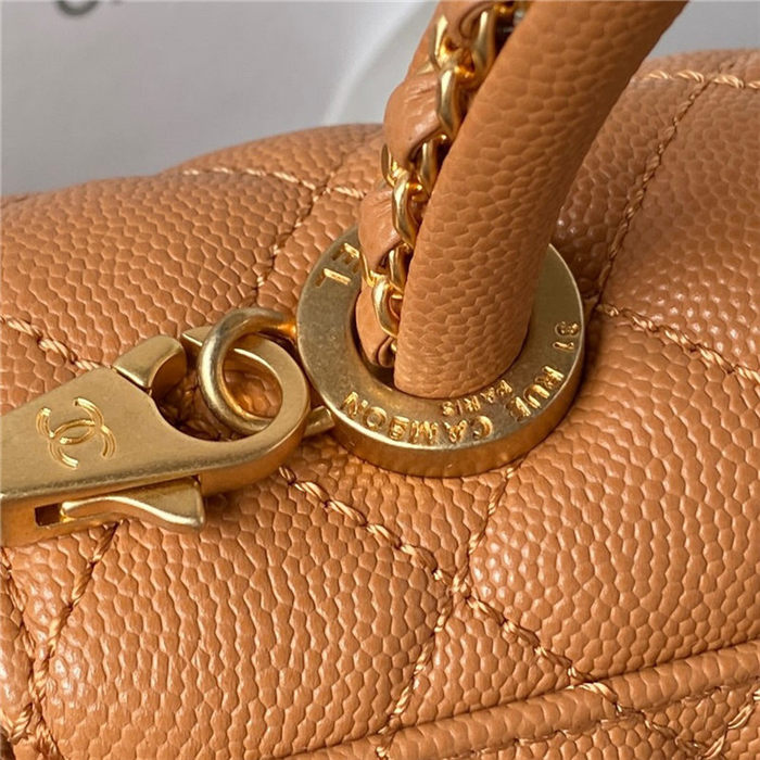 MINI FLAP BAG WITH TOP HANDLE Grained Calfskin & Gold Metal AS2215 Caramel A