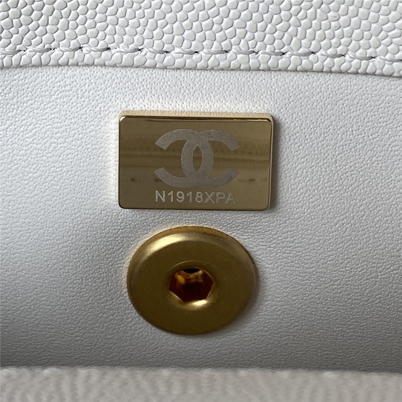 SMALL FLAP BAG WITH TOP HANDLE Grained Calfskin & Gold Metal A92990 White A