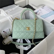 SMALL FLAP BAG WITH TOP HANDLE Grained Calfskin & Gold Metal A92990 Green A