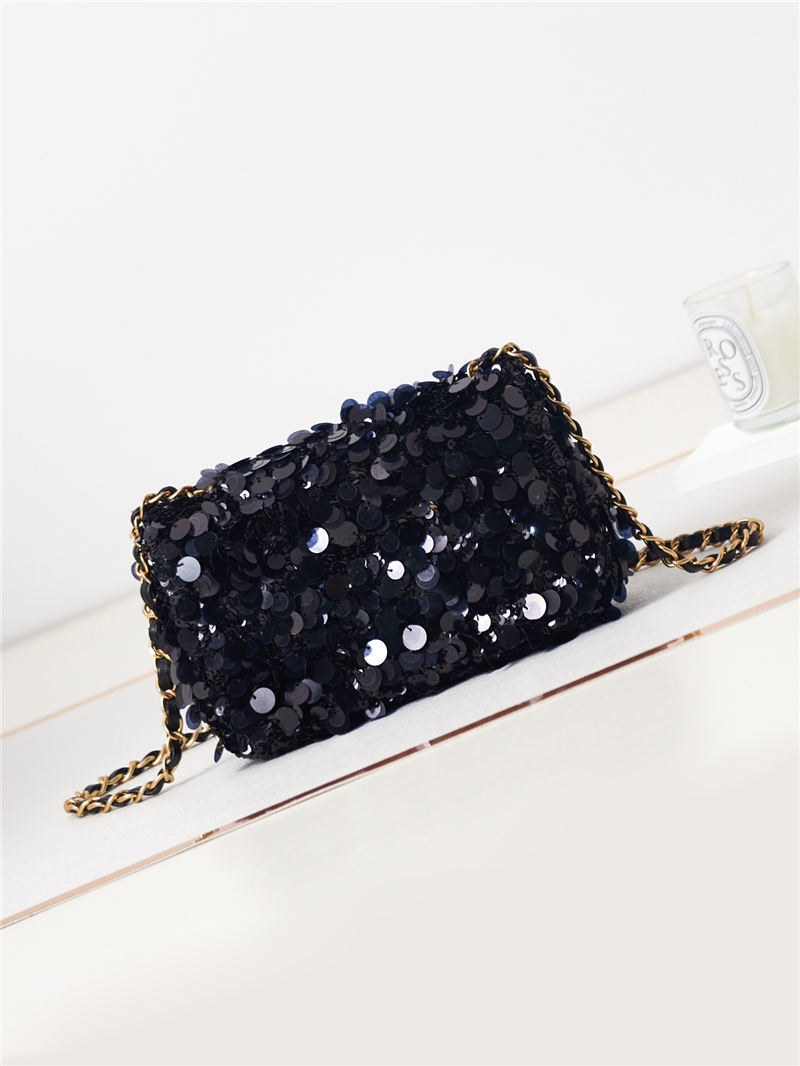 Mini CLASSIC HANDBAG Sequins & Gold-Tone Metal Black A