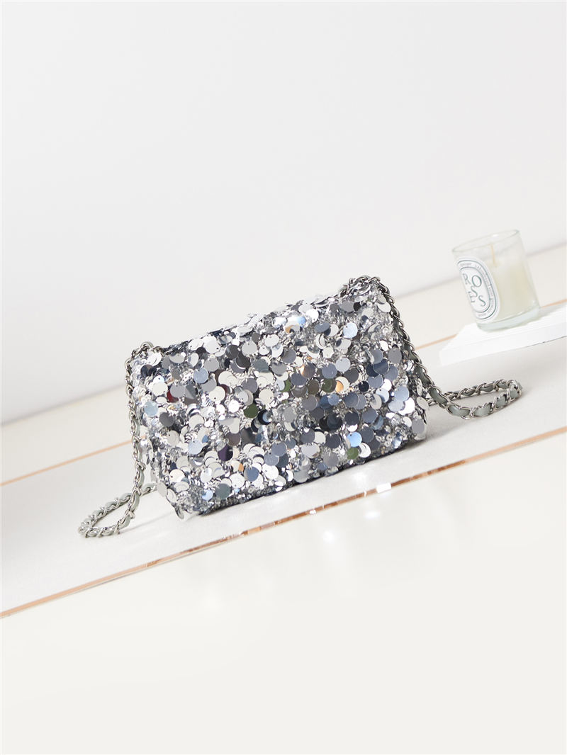 Mini CLASSIC HANDBAG Sequins & Gold-Tone Metal Silver A