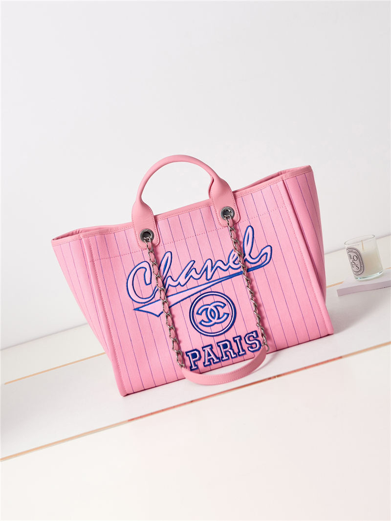 LARGE SHOPPING BAG Cotton, Calfskin & Silver-Tone Metal A66941 Pink High