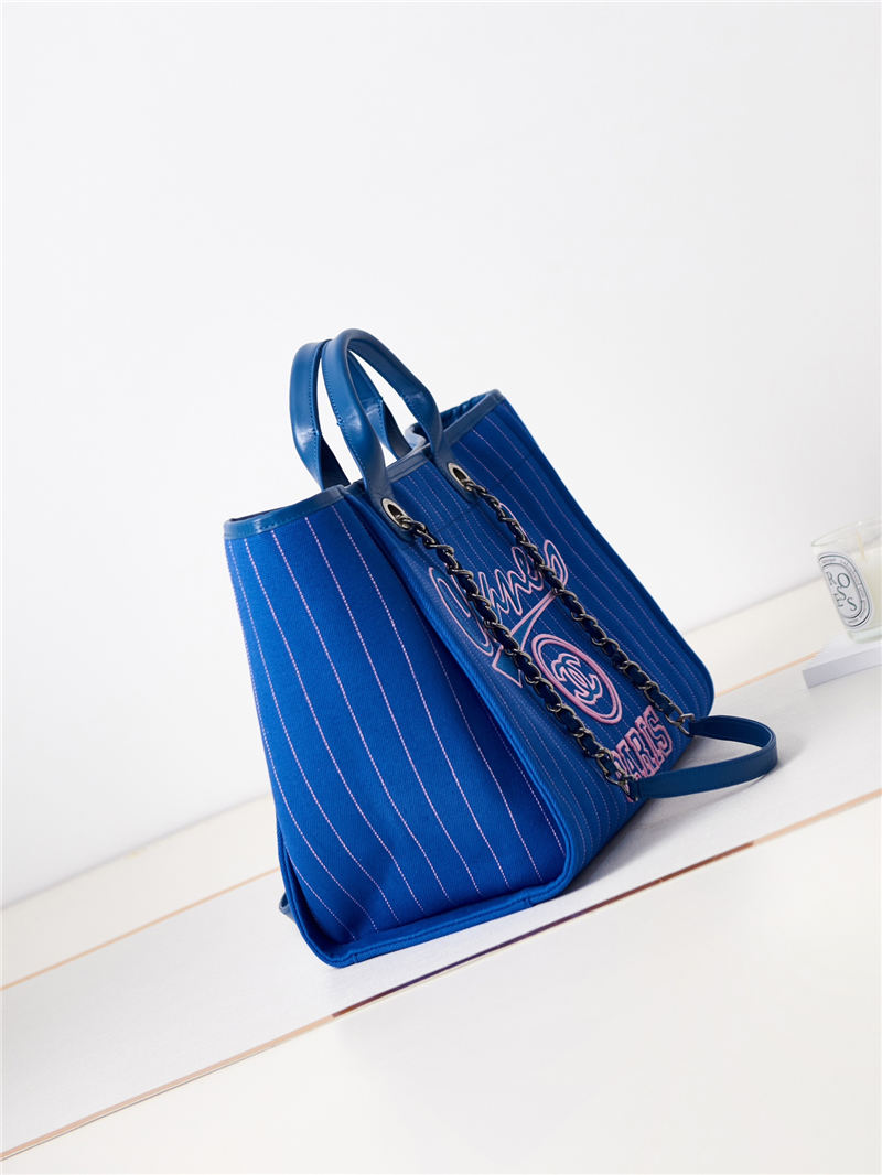 LARGE SHOPPING BAG Cotton, Calfskin & Silver-Tone Metal A66941 Blue High