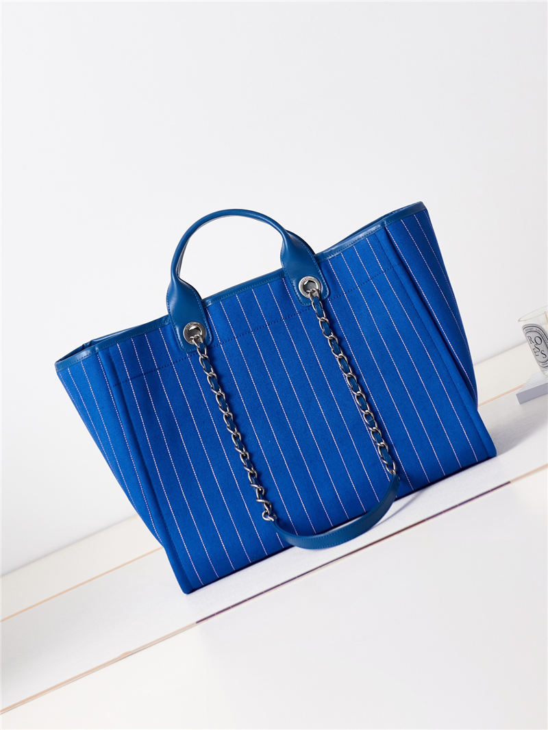 LARGE SHOPPING BAG Cotton, Calfskin & Silver-Tone Metal A66941 Blue High