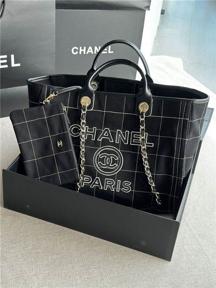 LARGE SHOPPING BAG Cotton, Calfskin & Silver-Tone Metal A66941 Black High