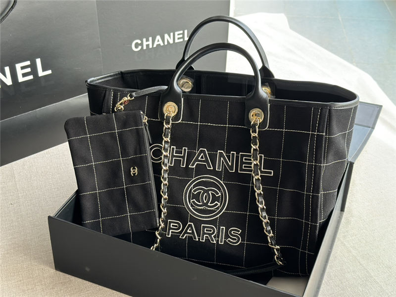 LARGE SHOPPING BAG Cotton, Calfskin & Silver-Tone Metal A66941 Black High