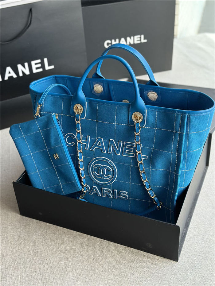 LARGE SHOPPING BAG Cotton, Calfskin & Silver-Tone Metal A66941 Blue High