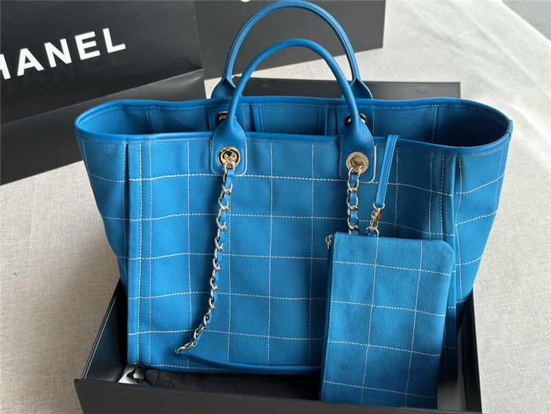 LARGE SHOPPING BAG Cotton, Calfskin & Silver-Tone Metal A66941 Blue High