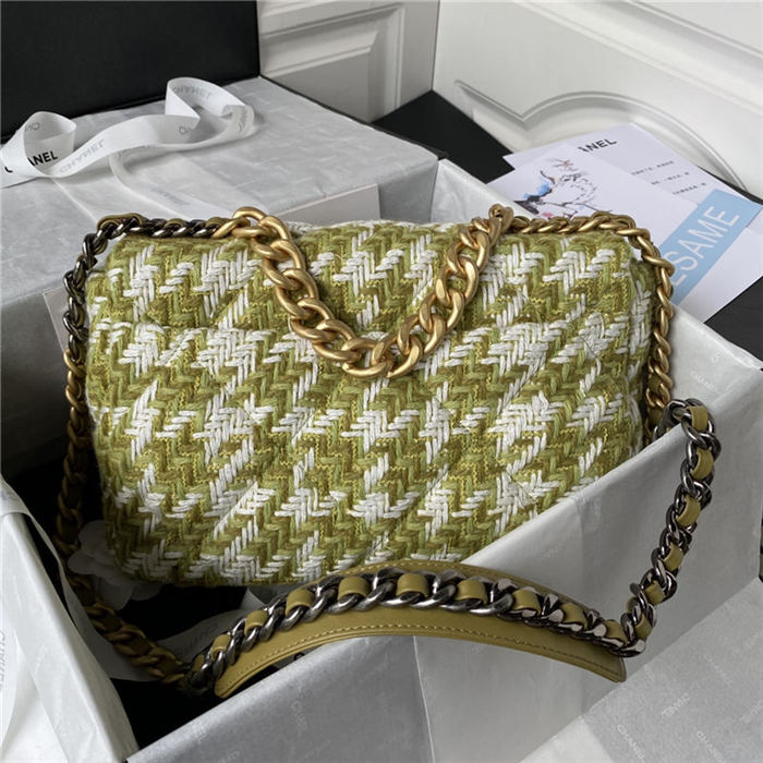 Large Chanel 19 Flap Bag Tweed Gold-Tone Green High