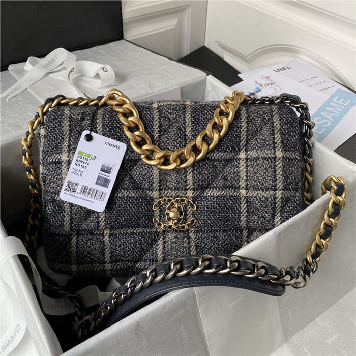 Large Chanel 19 Flap Bag Tweed Gold-Tone Black/Beige High