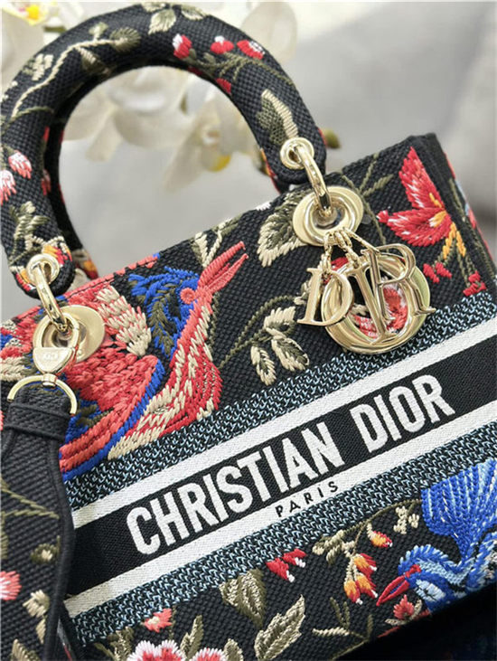 MEDIUM LADY D-LITE BAG Dior Birds Embroidery Black High