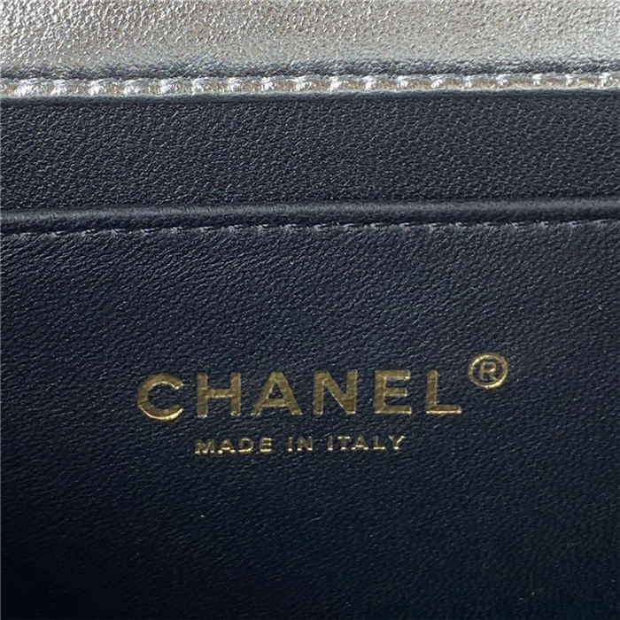 Chanel MINI FLAP BAG WITH TOP HANDLE AS3886 Metallic Lambskin & Gold-Tone Metal Silver A