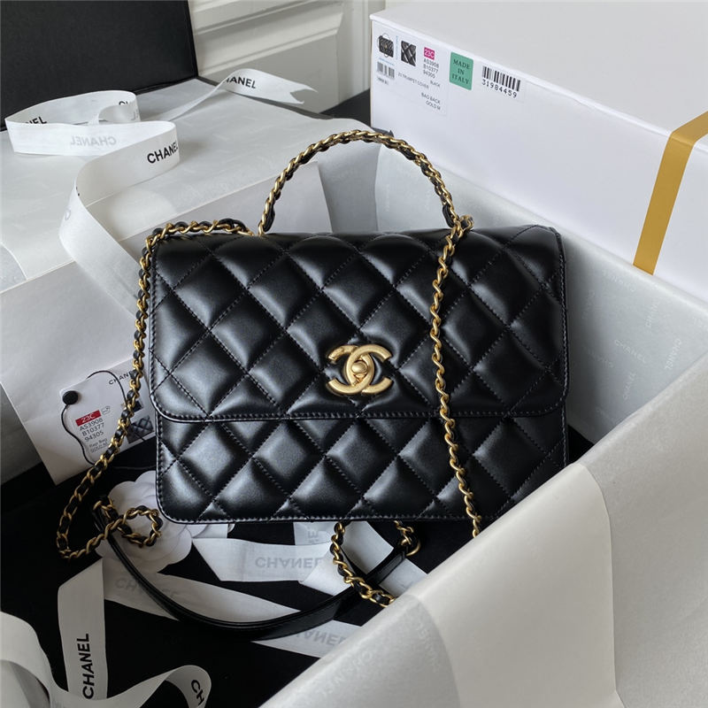 Chanel SMALL FLAP BAG WITH TOP HANDLE AS3908 Shiny Calfskin & Gold-Tone Metal Black A