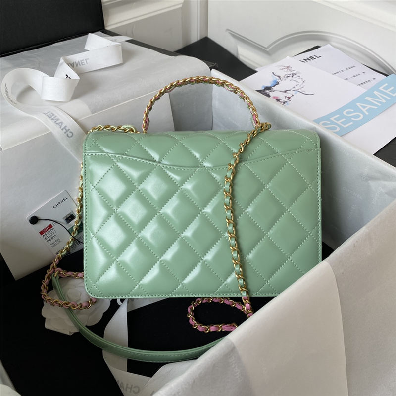 Chanel SMALL FLAP BAG WITH TOP HANDLE AS3908 Shiny Calfskin & Gold-Tone Metal Green A