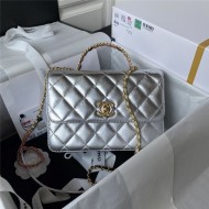 Chanel SMALL FLAP BAG WITH TOP HANDLE AS3908 Metallic Lambskin & Gold-Tone Metal Silver A