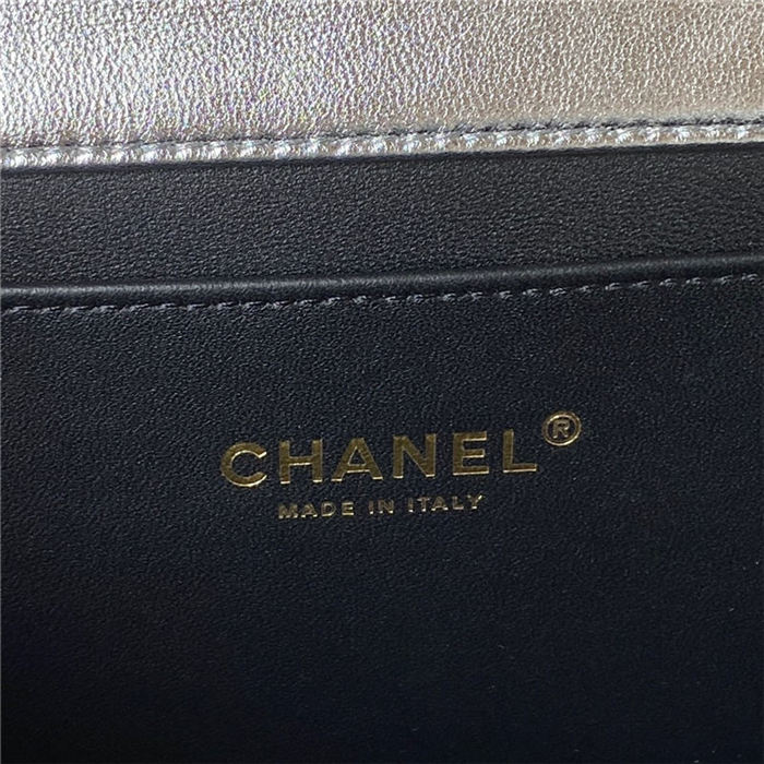 Chanel SMALL FLAP BAG WITH TOP HANDLE AS3908 Metallic Lambskin & Gold-Tone Metal Silver A