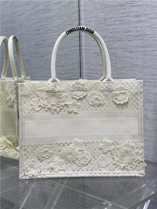 MEDIUM Dior BOOK TOTE Embroidered with 3D Flowers White High