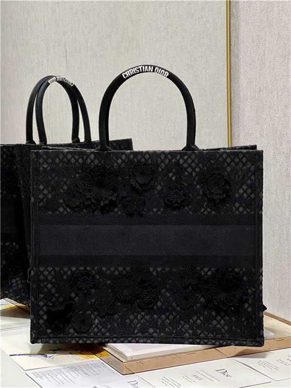 LARGE Dior BOOK TOTE Embroidered with 3D Flowers Black High