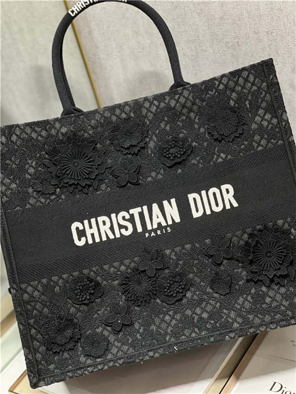 LARGE Dior BOOK TOTE Embroidered with 3D Flowers Black High