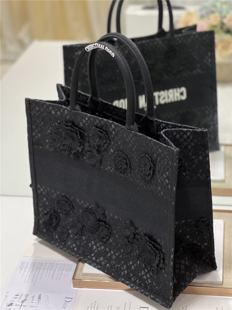 LARGE Dior BOOK TOTE Embroidered with 3D Flowers Black High