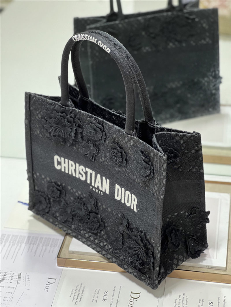 MEDIUM Dior BOOK TOTE Embroidered with 3D Flowers Black High