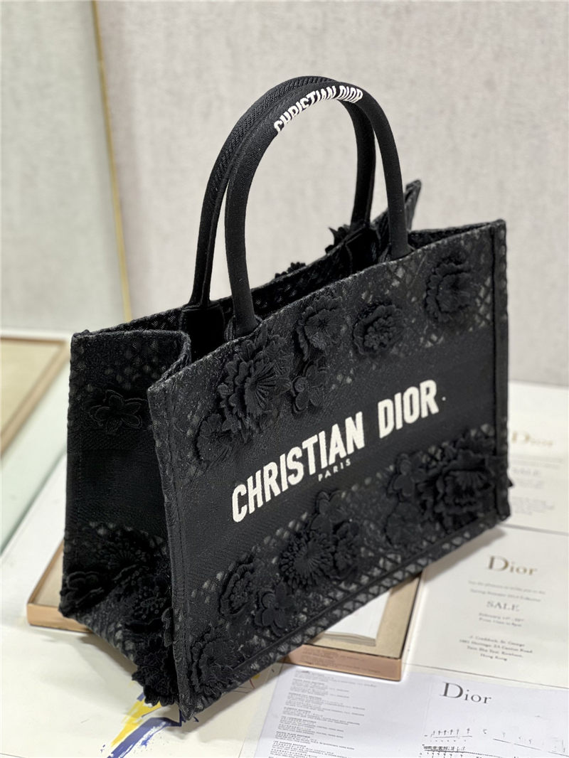 MEDIUM Dior BOOK TOTE Embroidered with 3D Flowers Black High