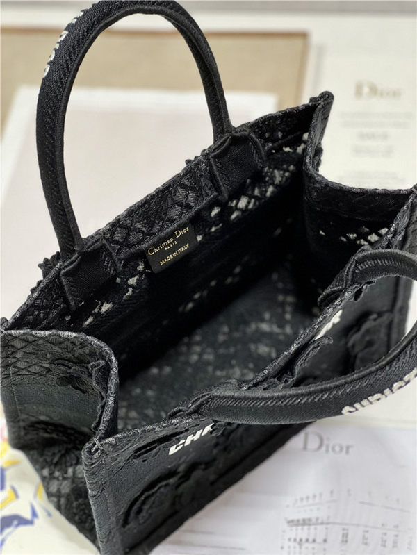 SMALL Dior BOOK TOTE Embroidered with 3D Flowers Black High