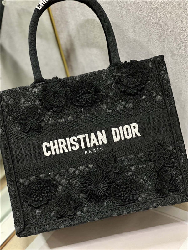 SMALL Dior BOOK TOTE Embroidered with 3D Flowers Black High