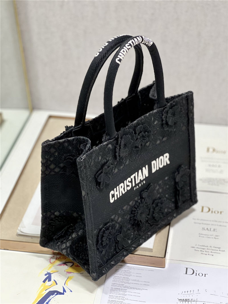 SMALL Dior BOOK TOTE Embroidered with 3D Flowers Black High