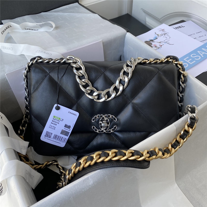 Large Chanel 19 Flap Bag Goatskin/Lambskin Black Silver High