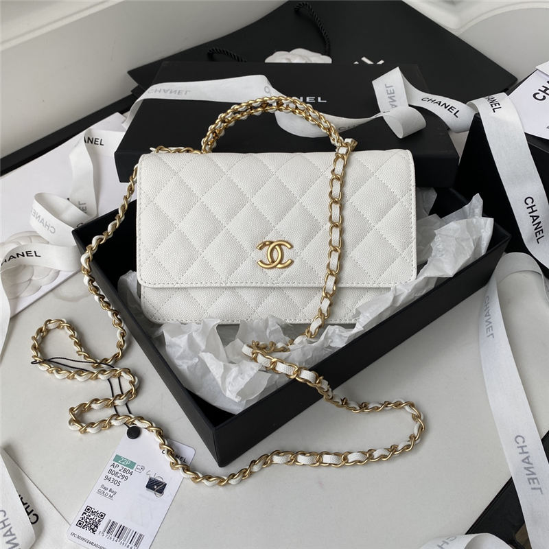 Chanel WALLET ON CHAIN Grained Shiny Calfskin & Gold-Tone Metal White AP2804 A